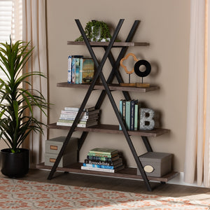 Industrial Rustic 4-Tier Living Room Display Shelf Walnut Finished Wood and Black Metal